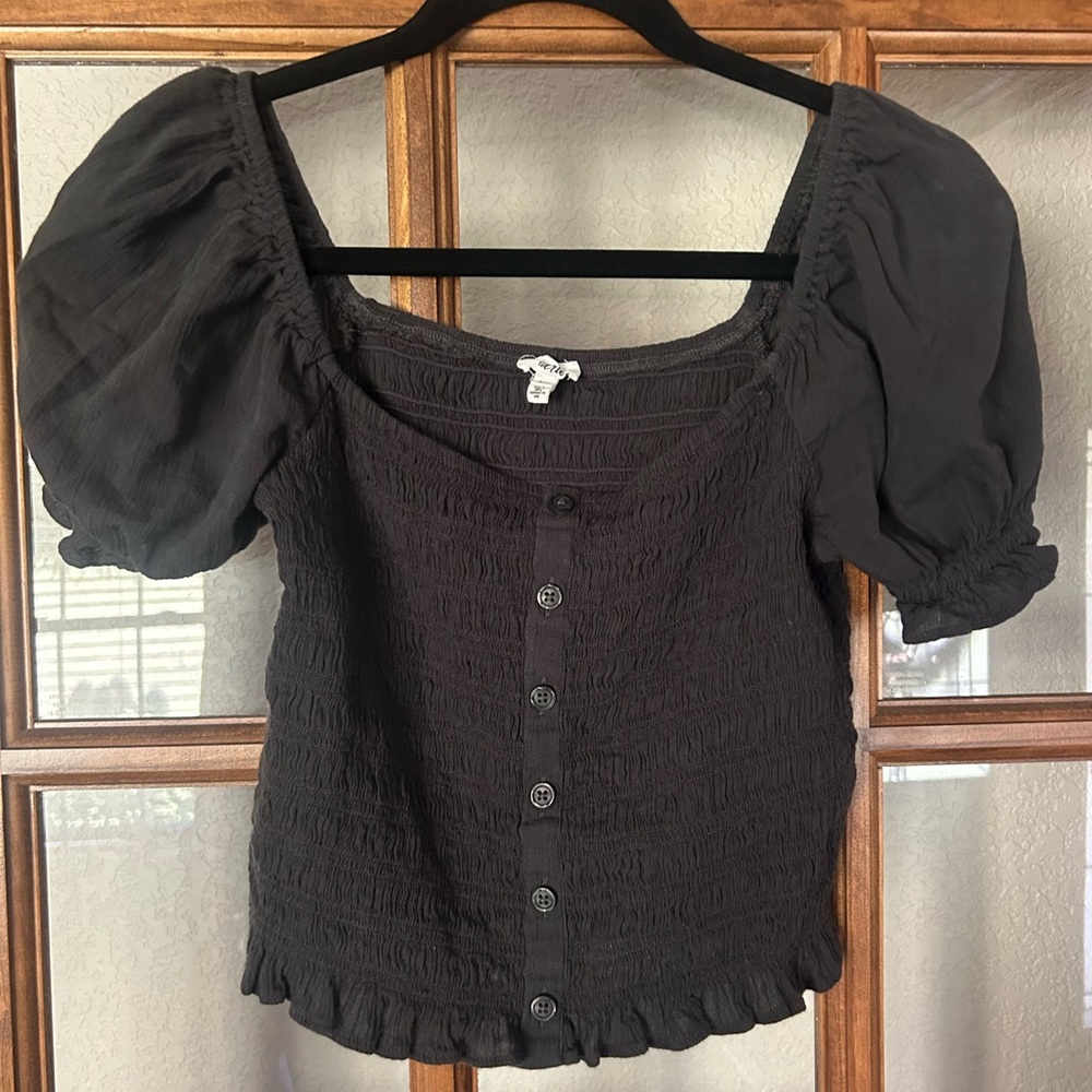 Aerie Charcoal Puff Sleeve Smocked Blouse